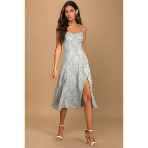Lulus Loveliest Looks Dusty Blue Floral Jacquard Tie-strap Midi Dress - Size L